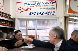 Prime Minister Mark Carney on the campaign rounds at Schwartz's Deli in Montreal before the federal election debate on April 17, 2025. (via @MarkJCarney)
